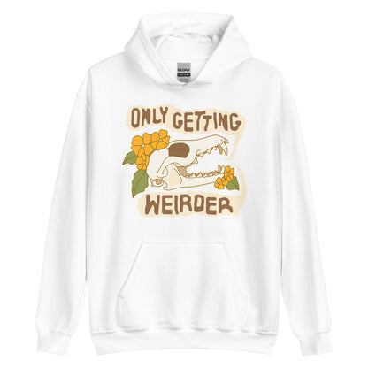 A white hooded sweatshirt featuring an illustration of a fox skull surrounded by yellow flowers. Wobbly speech bubbles are coming from the fox's mouth. The text inside the bubbles reads "ONLY GETTING WEIRDER".