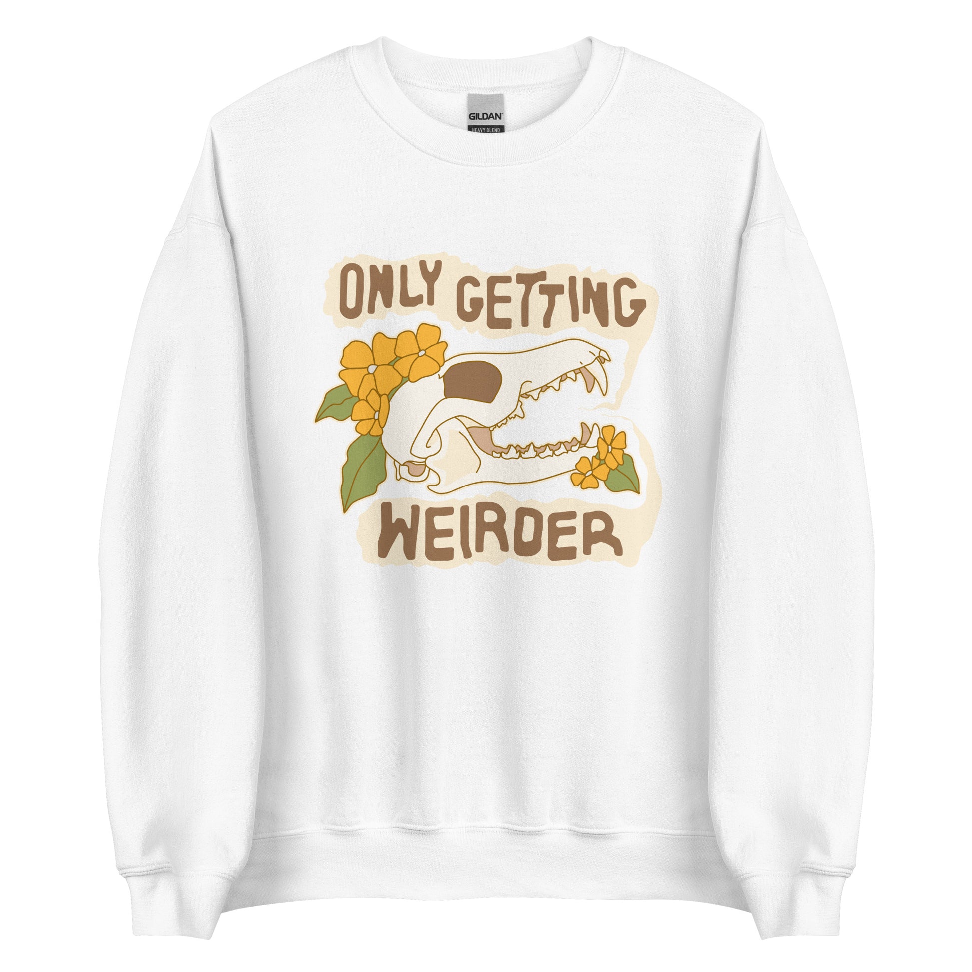 A white crewneck sweatshirt featuring an illustration of a fox skull surrounded by yellow flowers. Wobbly speech bubbles are coming from the fox's mouth. The text inside the bubbles reads "ONLY GETTING WEIRDER".