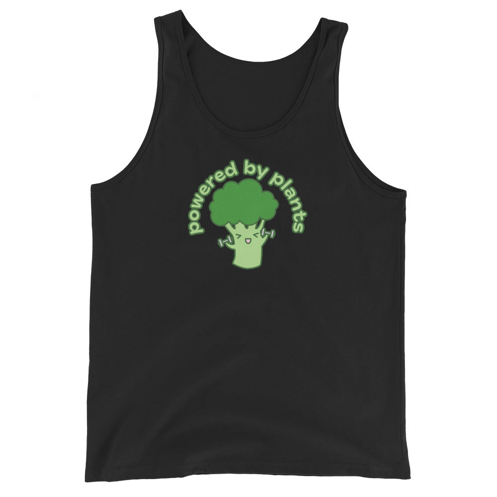A black tank top featuring an illustration of a cute broccoli smiling and lifting weights. Text above the broccoli in an arc reads "Powered By Plants"