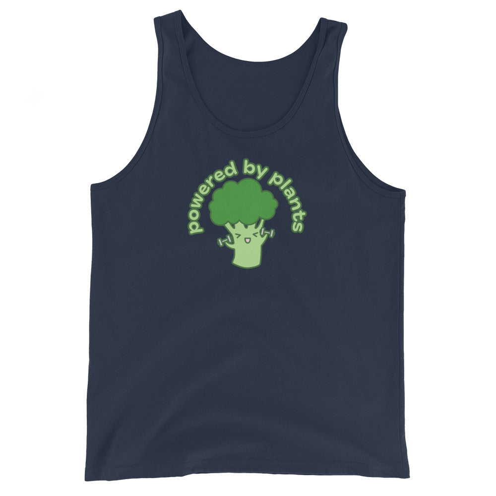 A navy blue tank top featuring an illustration of a cute broccoli smiling and lifting weights. Text above the broccoli in an arc reads "Powered By Plants"