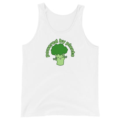 A white tank top featuring an illustration of a cute broccoli smiling and lifting weights. Text above the broccoli in an arc reads "Powered By Plants"