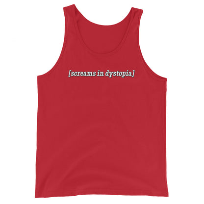 A red tank top featuring text in the style of subtitles that reads "screams in dystopia"