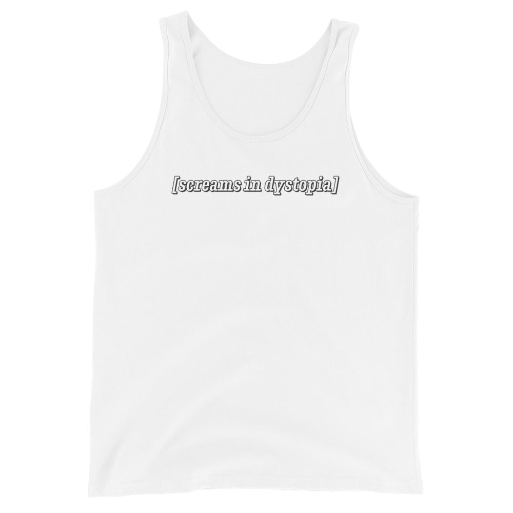 A white tank top featuring text in the style of subtitles that reads "screams in dystopia"