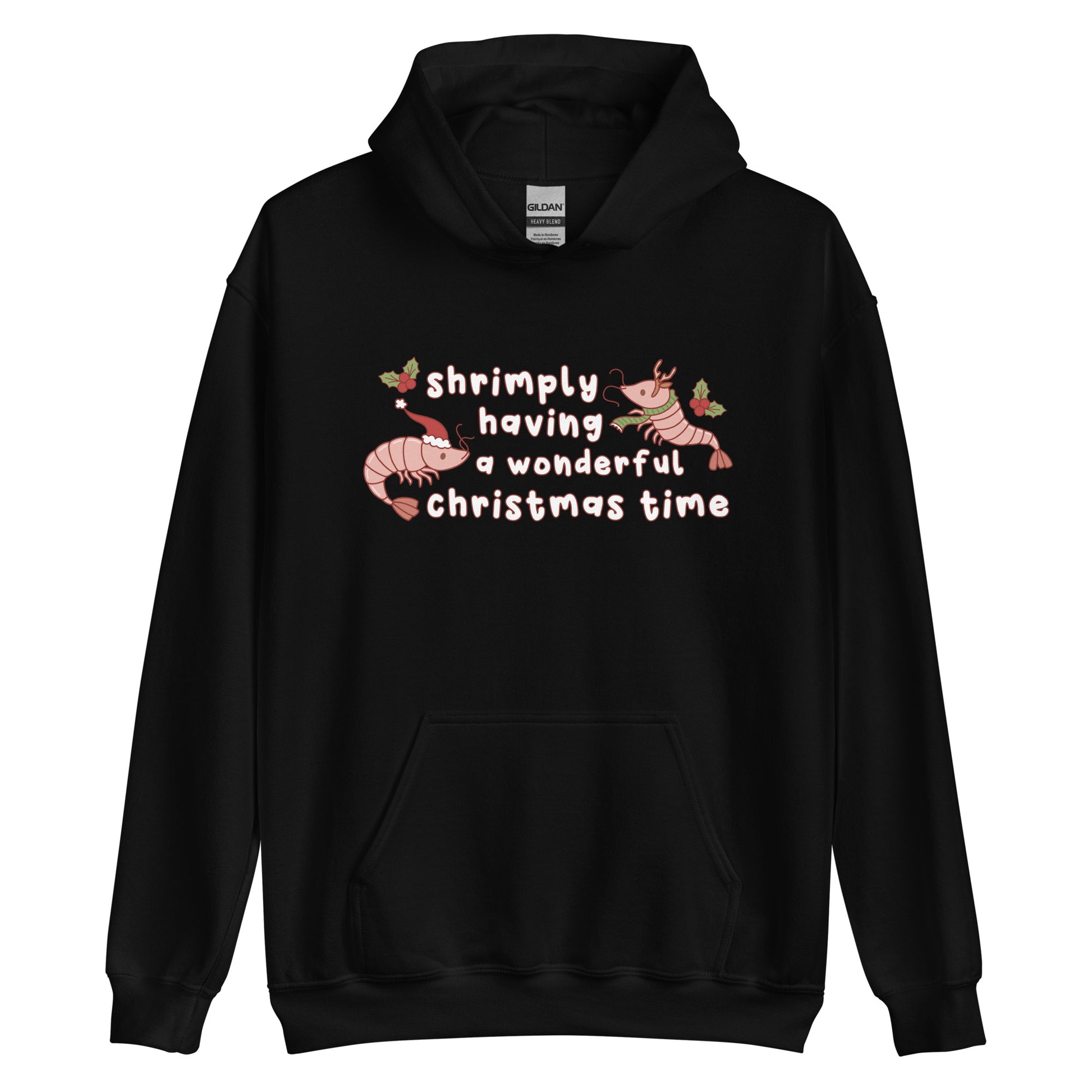 A black hooded sweatshirt featuring an illustration of two festive shrimp - one with a Santa hat, and one with reindeer antlers. Text between the shrimp reads "shrimply having a wonderful Christmas time".