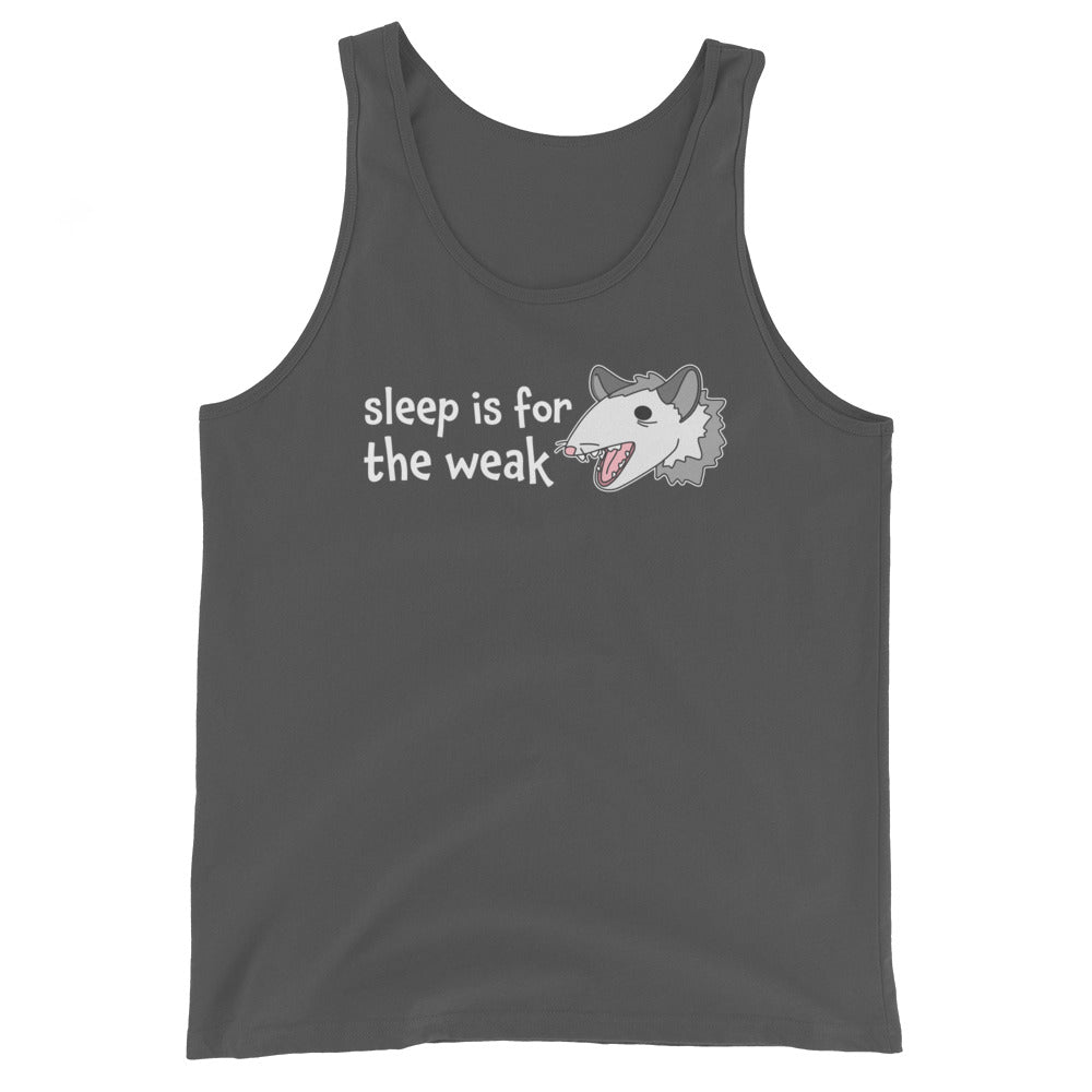 A gray tank top featuring an illustration of a yelling, tired-looking possum. Text to the left of the possum reads "Sleep is for the weak"