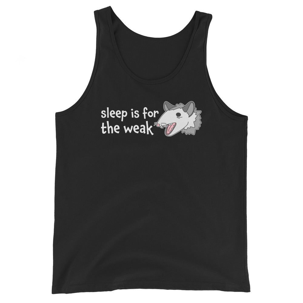 A black tank top featuring an illustration of a yelling, tired-looking possum. Text to the left of the possum reads "Sleep is for the weak"