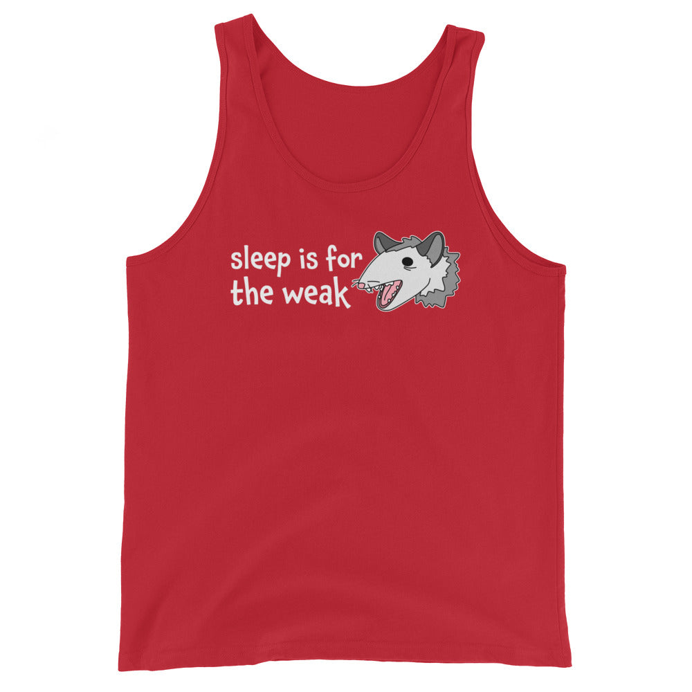 A red tank top featuring an illustration of a yelling, tired-looking possum. Text to the left of the possum reads "Sleep is for the weak"
