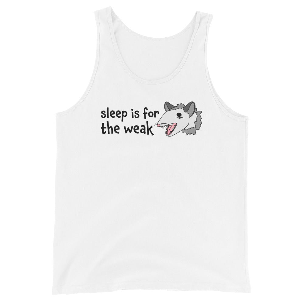 A white tank top featuring an illustration of a yelling, tired-looking possum. Text to the left of the possum reads "Sleep is for the weak"
