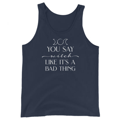 A navy blue tank top featuring the triple goddess symbol and text reading "You say witch like it's a bad thing"