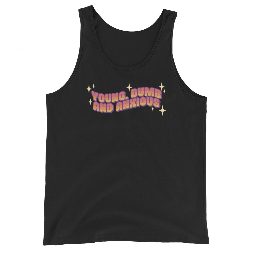 A black tank top featuring text in a pink-to-yellow gradient, surrounded by sparkles. The text reads "Young, dumb and anxious" in a blocky font.
