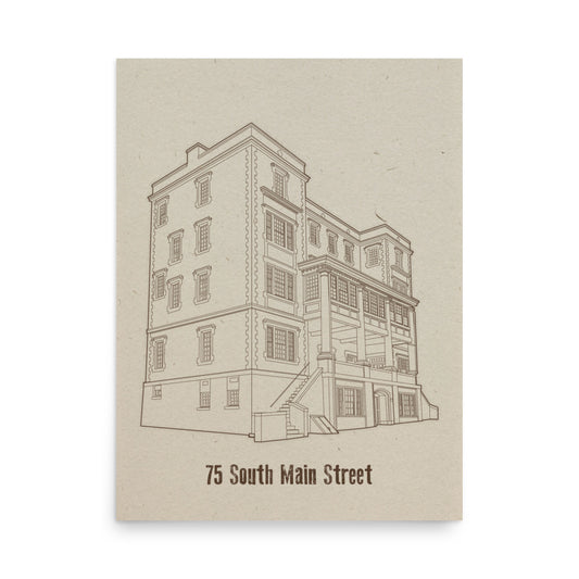 A sepia tone illustration of a building. The building is labeled "75 South Main Street"