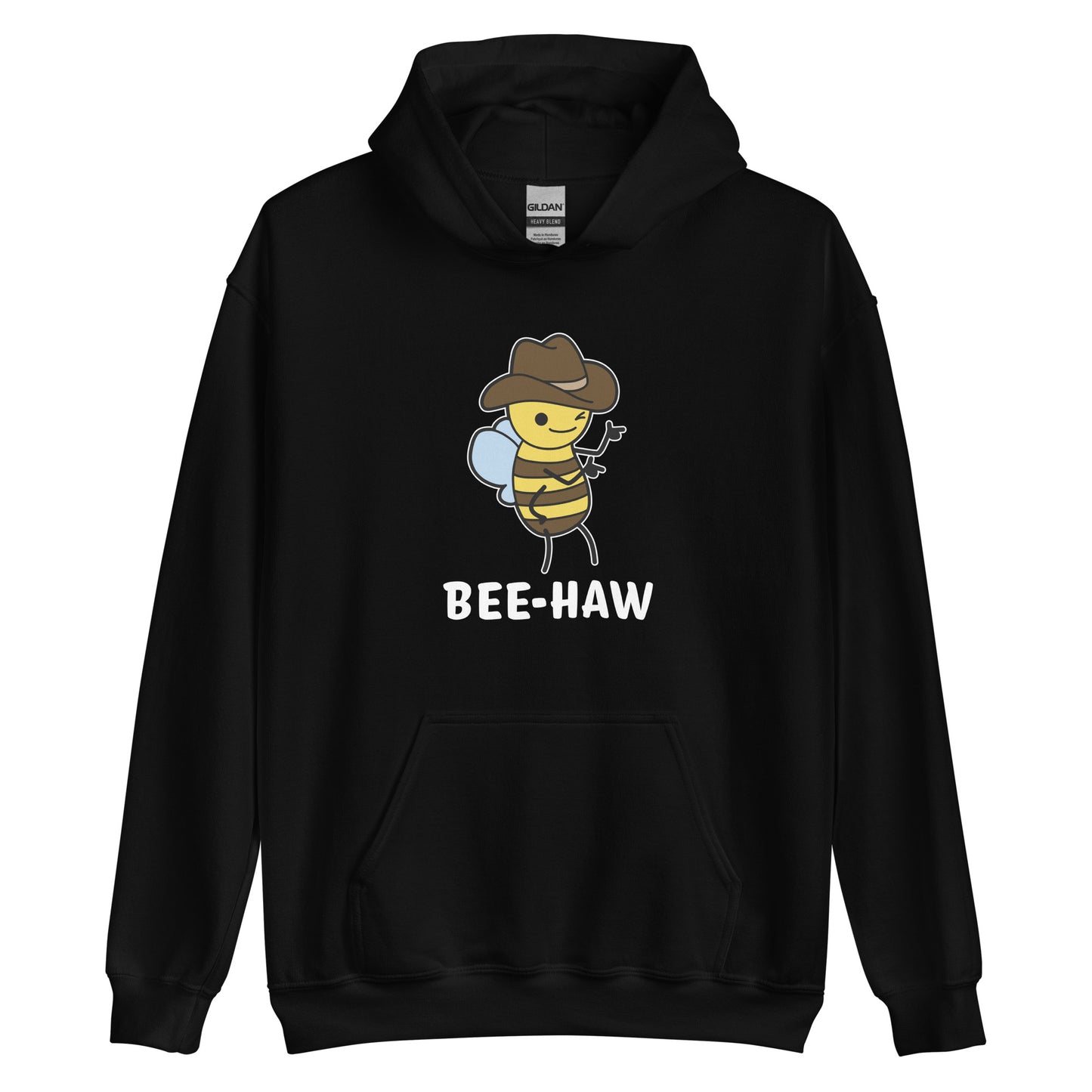 A black hooded sweatshirt featuring a picture of a bee wearing a cowboy hat. The bee is winking and pointing finger guns. Text underneath the bee reads "Bee-Haw"