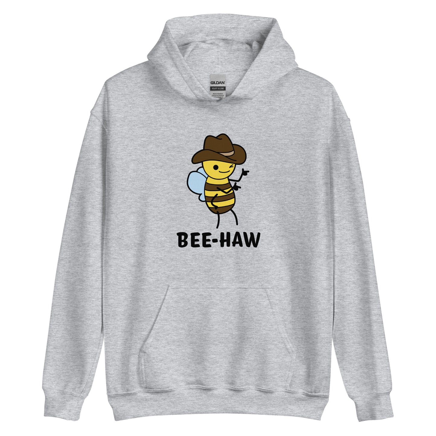A gray hooded sweatshirt featuring a picture of a bee wearing a cowboy hat. The bee is winking and pointing finger guns. Text underneath the bee reads "Bee-Haw"