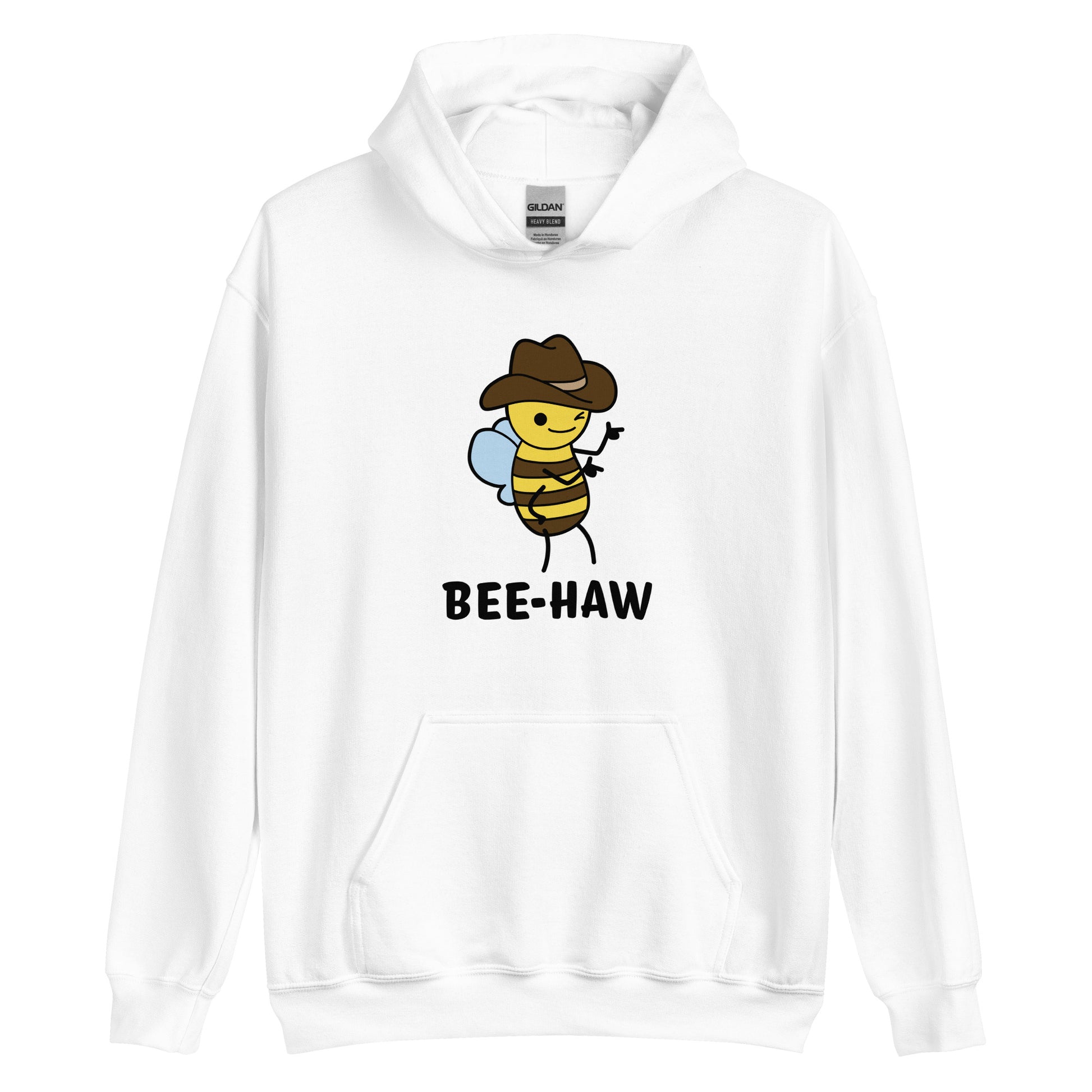 A white hooded sweatshirt featuring a picture of a bee wearing a cowboy hat. The bee is winking and pointing finger guns. Text underneath the bee reads "Bee-Haw"