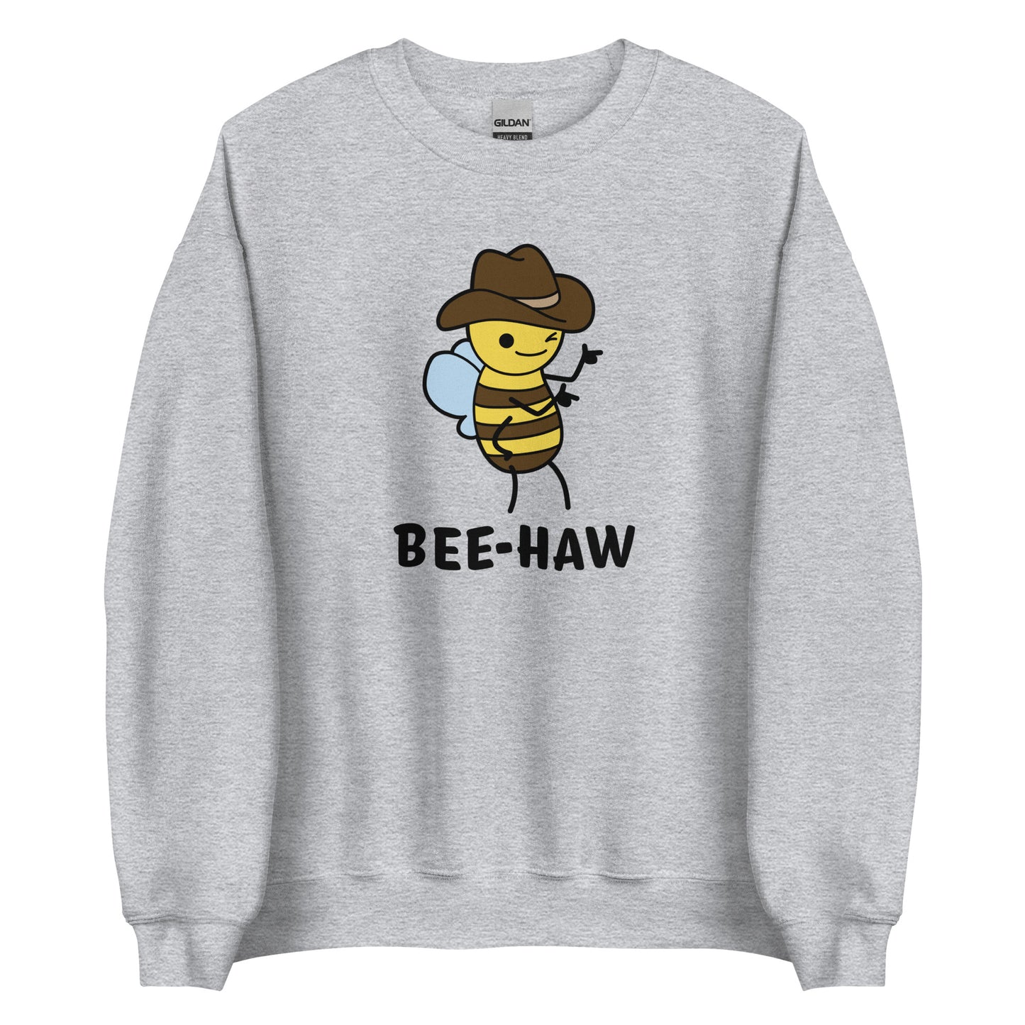 A grey crewneck sweatshirt featuring an image of a bee in a cowboy hat. The bee is winking and holding up "finger guns". Text beneath the bee reads "Bee-Haw"