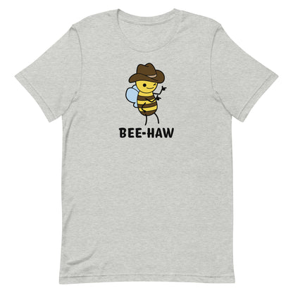 A grey crewneck t-shirt with an image of a bee in a cowboy hat. The bee is winking and holding up "finger guns". Underneath the bee is text reading "Bee-Haw"