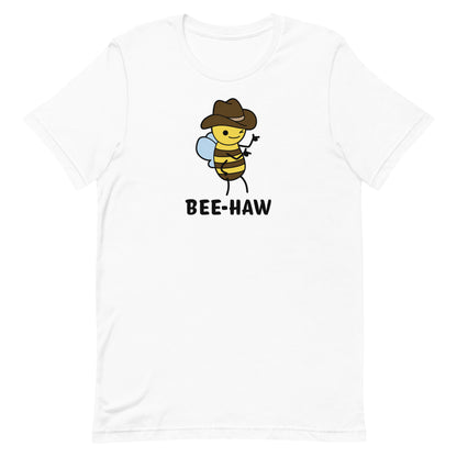 A white crewneck t-shirt with an image of a bee in a cowboy hat. The bee is winking and holding up "finger guns". Underneath the bee is text reading "Bee-Haw"
