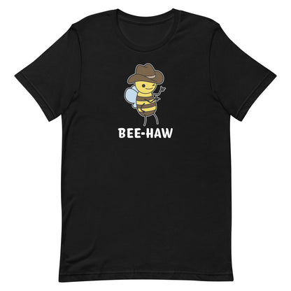 A black crewneck t-shirt with an image of a bee in a cowboy hat. The bee is winking and holding up "finger guns". Underneath the bee is text reading "Bee-Haw"