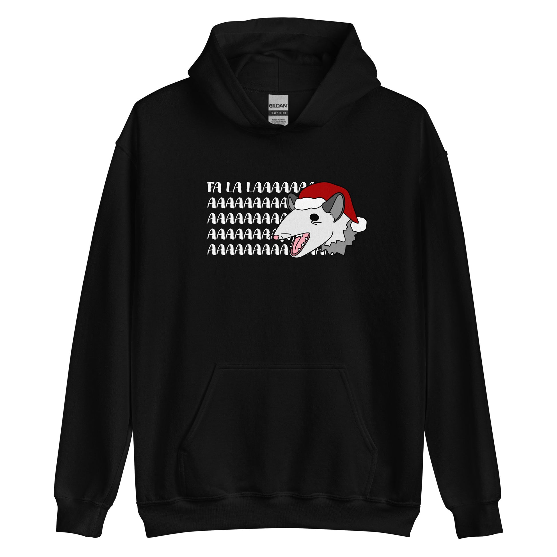 A black hooded sweatshirt featuring an illustration of a possum wearing a Santa hat. The possum appears to be screaming, and text behind his head reads "FA LA LAAAAAA"