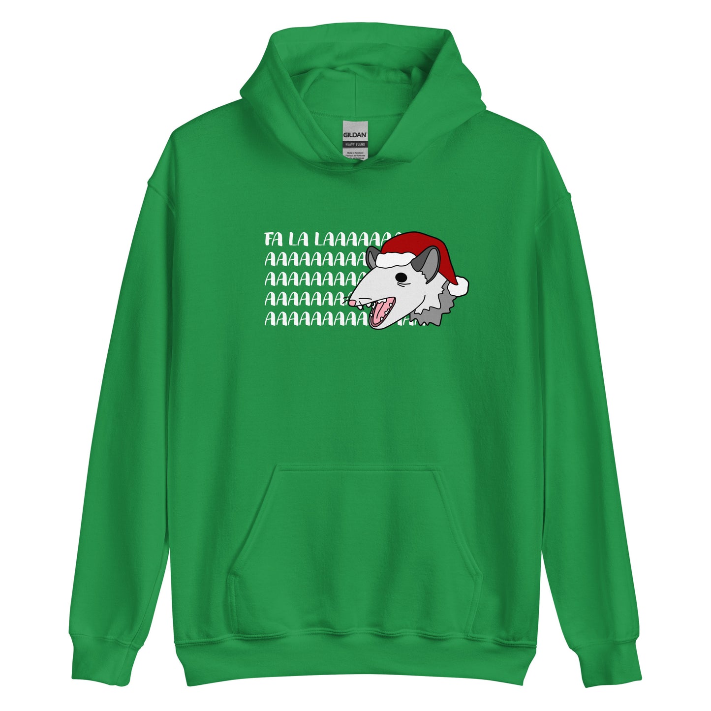 A green hooded sweatshirt featuring an illustration of a possum wearing a Santa hat. The possum appears to be screaming, and text behind his head reads "FA LA LAAAAAA"