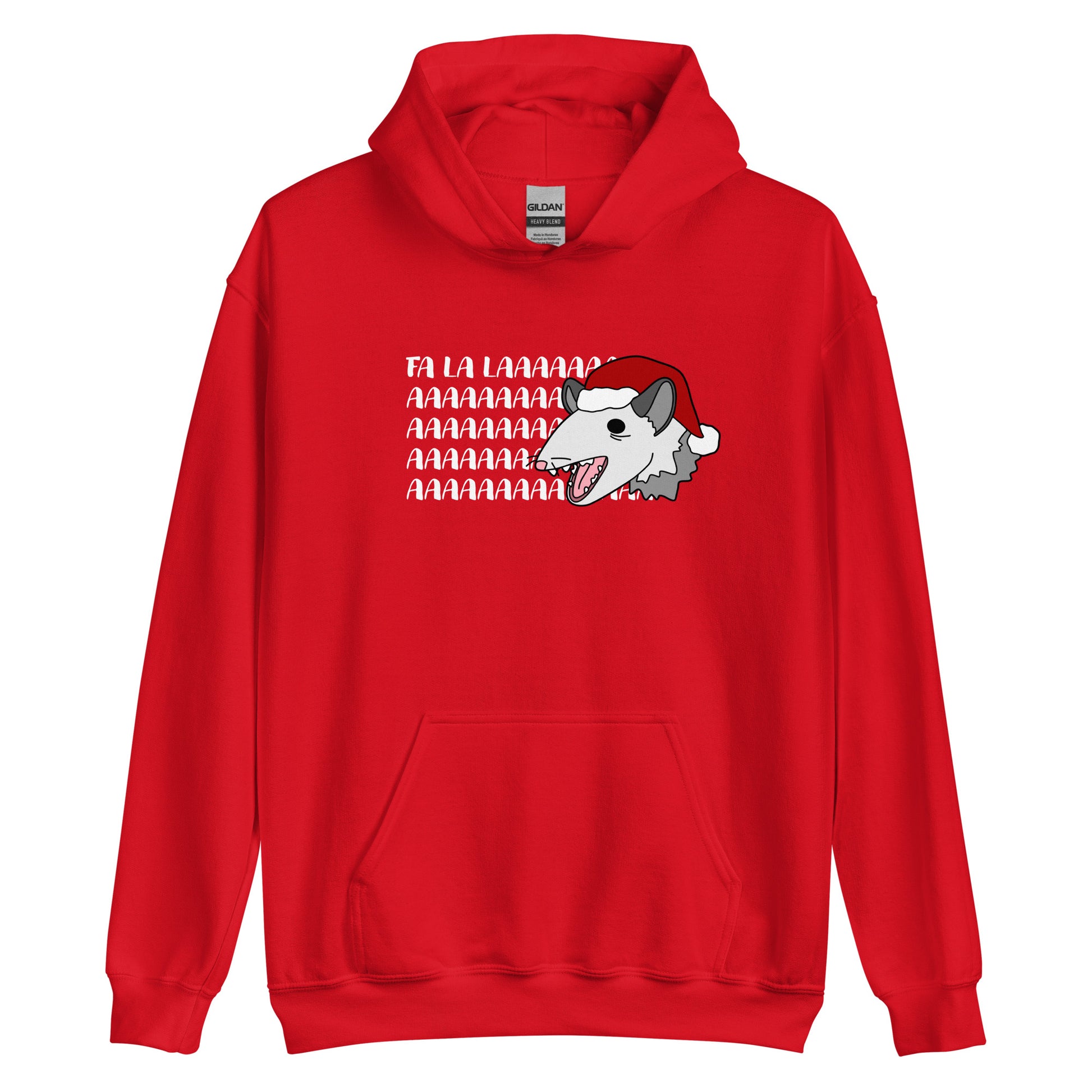 A red hooded sweatshirt featuring an illustration of a possum wearing a Santa hat. The possum appears to be screaming, and text behind his head reads "FA LA LAAAAAA"