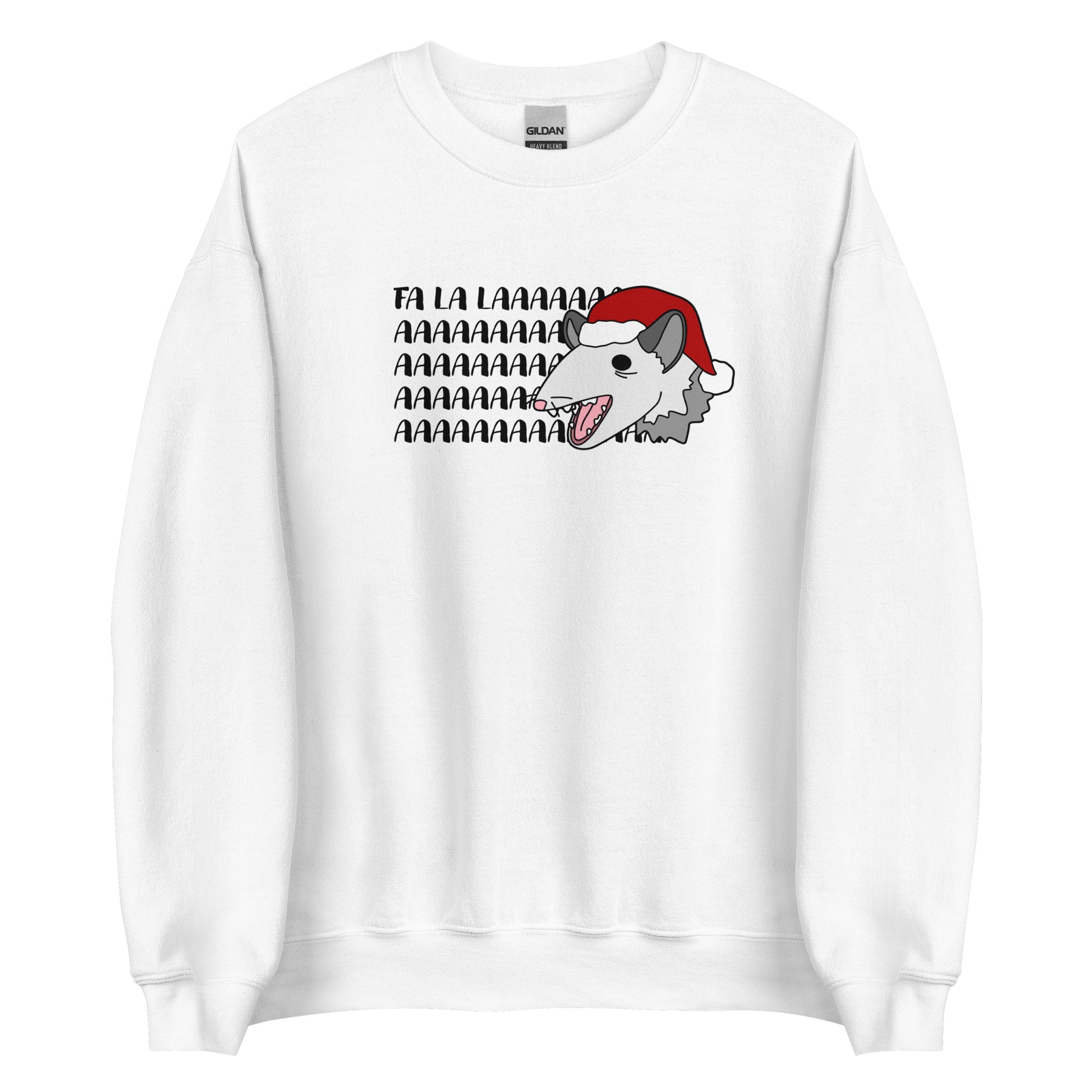 A white crewneck sweatshirt featuring an illustration of a possum wearing a Santa hat. The possum appears to be screaming, and text behind his head reads "FA LA LAAAAAA"