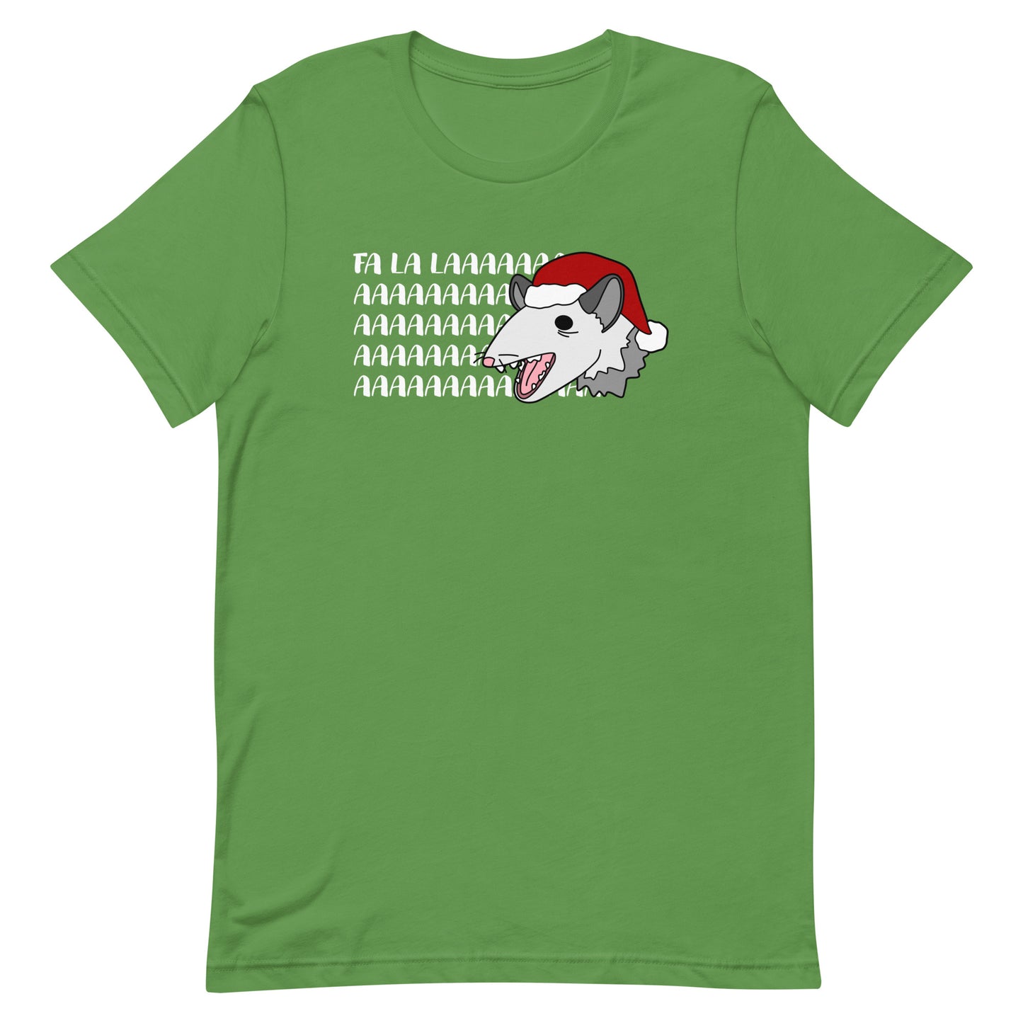 A green crewneck t-shirt featuring an illustration of a possum wearing a Santa hat. The possum appears to be screaming, and text behind his head reads "FA LA LAAAAAA"