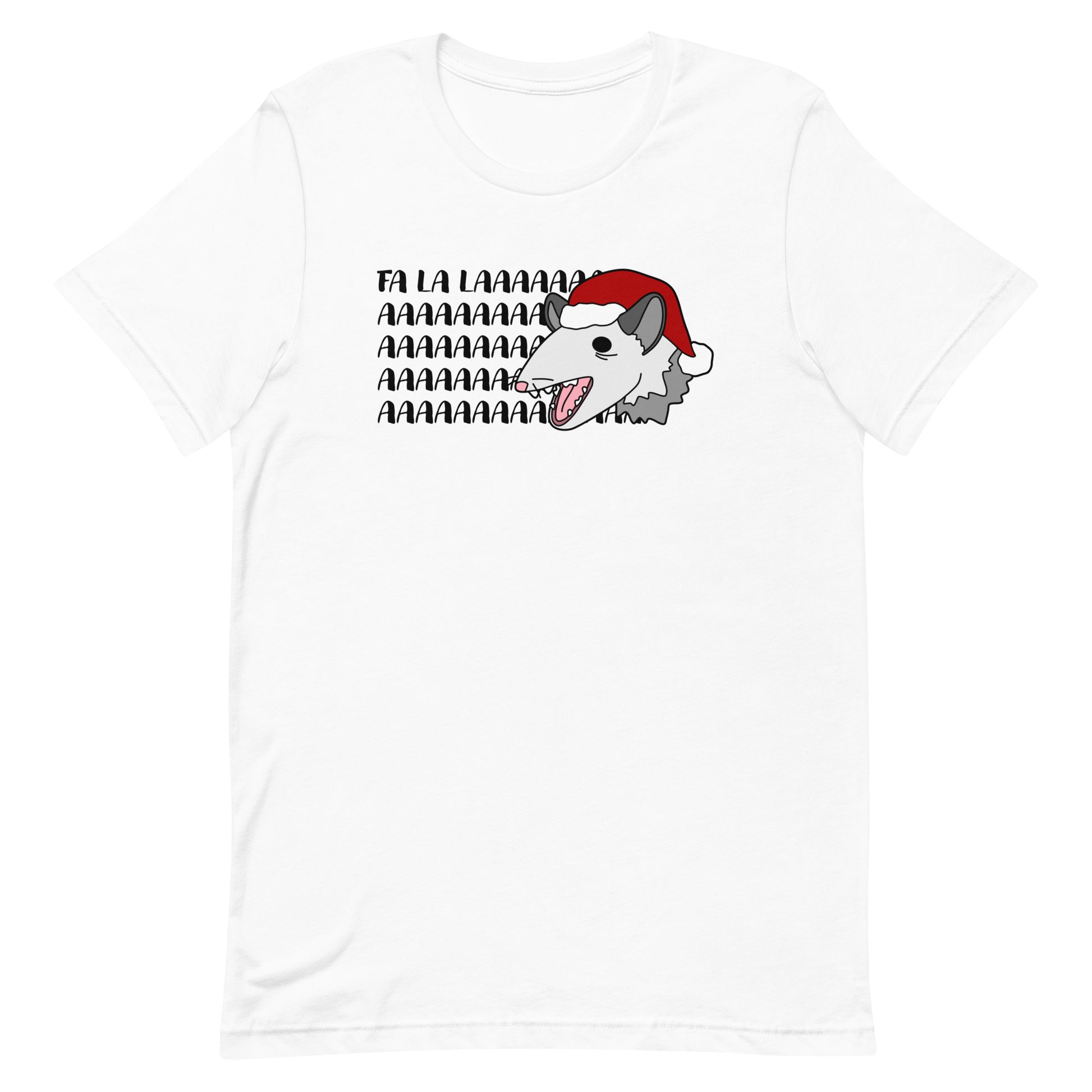 A white crewneck t-shirt featuring an illustration of a possum wearing a Santa hat. The possum appears to be screaming, and text behind his head reads "FA LA LAAAAAA"