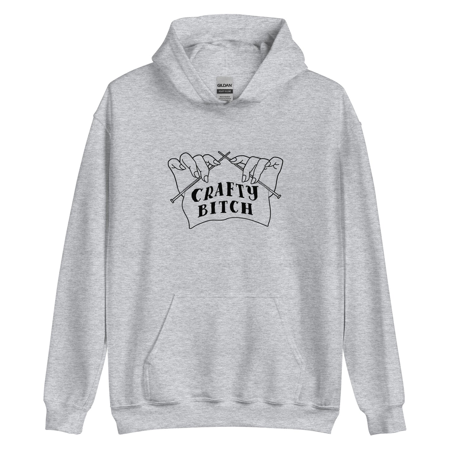 A grey hooded sweatshirt featuring a single-color illustration of a pair of hands holding knitting needles. Fabric on the needles features text that reads "crafty bitch".