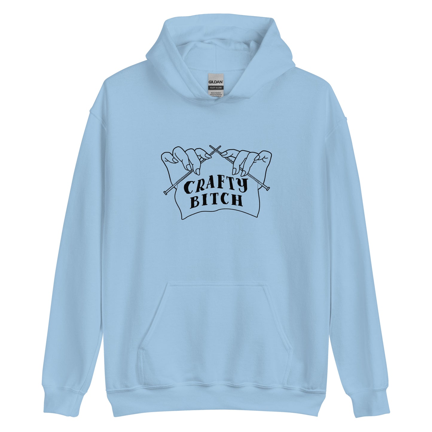 A light blue hooded sweatshirt featuring a single-color illustration of a pair of hands holding knitting needles. Fabric on the needles features text that reads "crafty bitch".