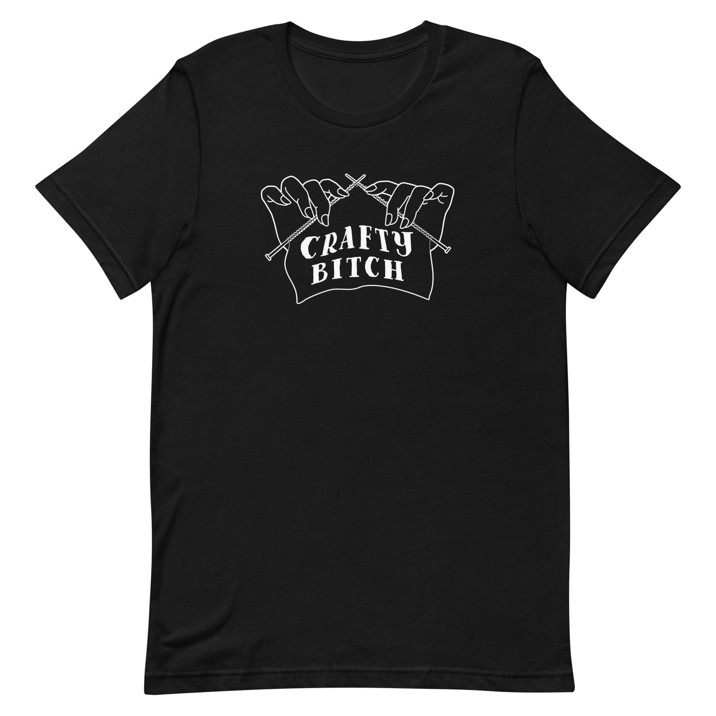 A black crewneck t-shirt featuring a single-color illustration of a pair of hands holding knitting needles. Fabric on the needles features text that reads "crafty bitch".