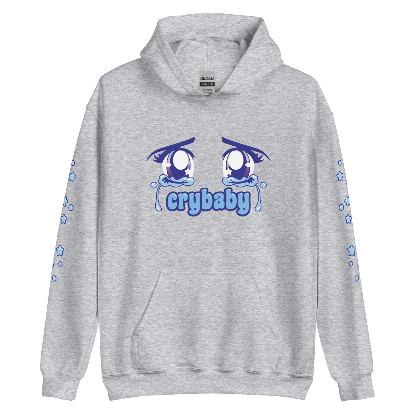 A light grey hooded sweatshirt featuring an image of crying anime-style eyes. Text underneath the eyes reads "crybaby". Small teardrops and stars decorate each sleeve.