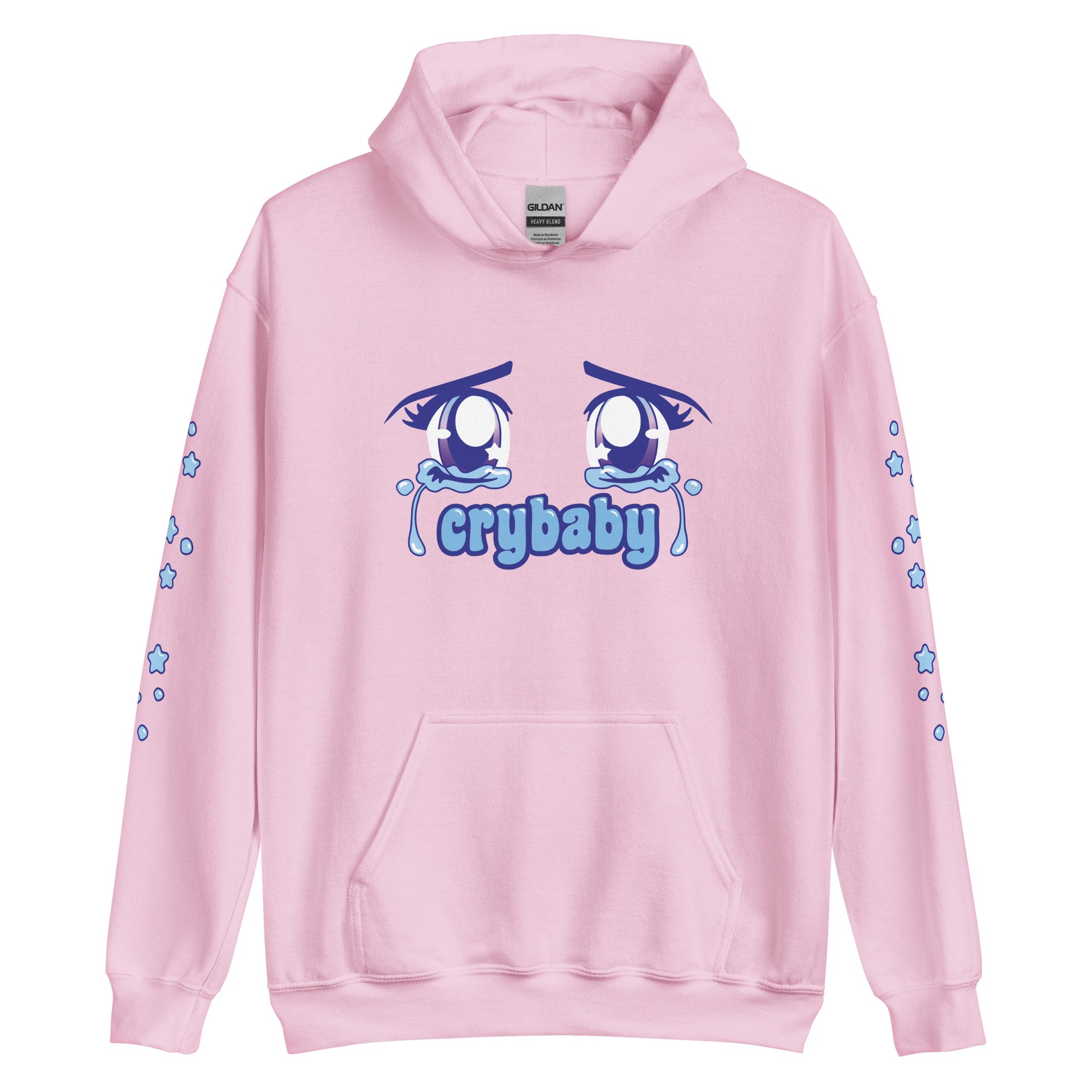 A light pink hooded sweatshirt featuring an image of crying anime-style eyes. Text underneath the eyes reads "crybaby". Small teardrops and stars decorate each sleeve.