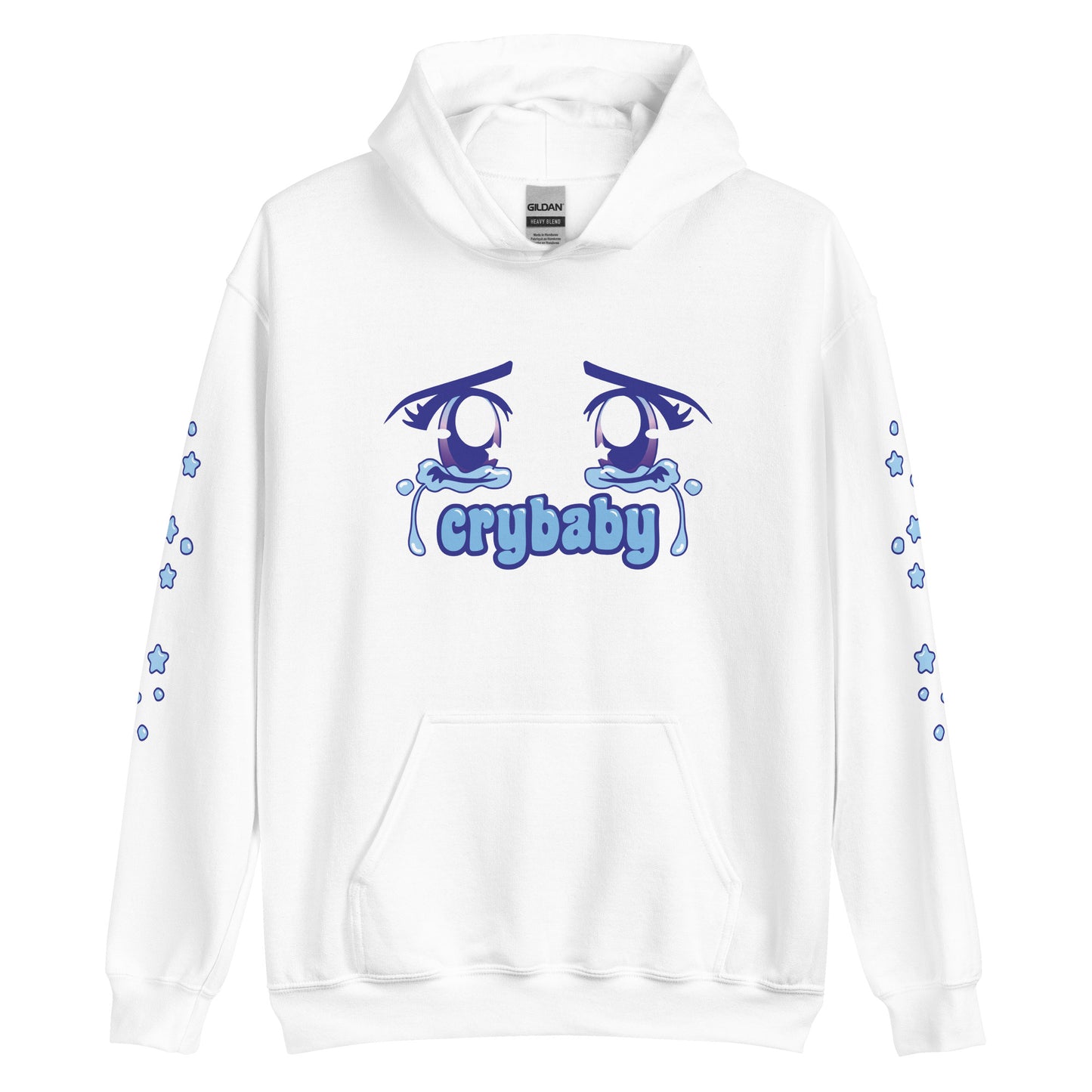 A white hooded sweatshirt featuring an image of crying anime-style eyes. Text underneath the eyes reads "crybaby". Small teardrops and stars decorate each sleeve.