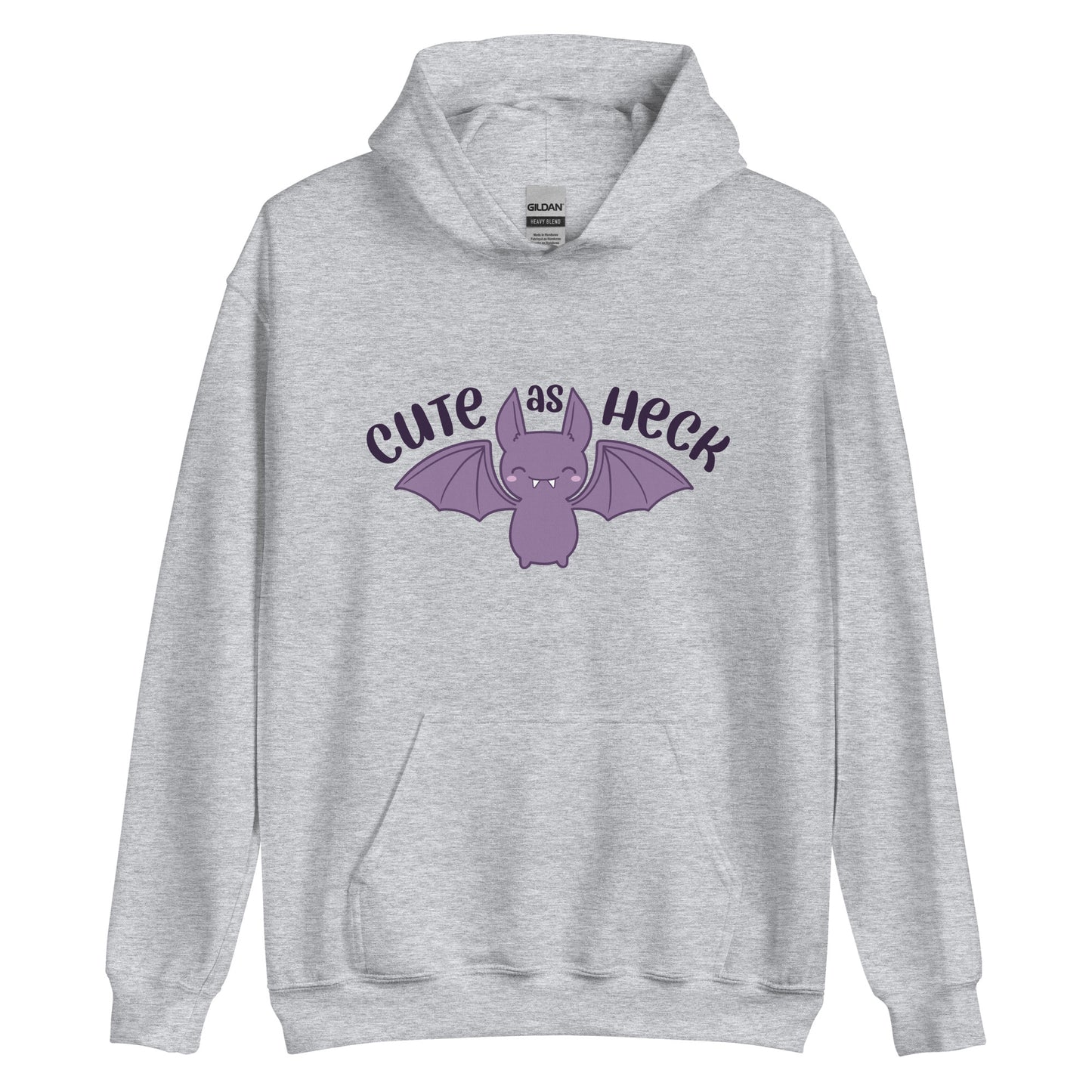 A light grey hooded sweatshirt featuring an illustration of a cute, smiling purple bat. Text above the bat reads "Cute As Heck"