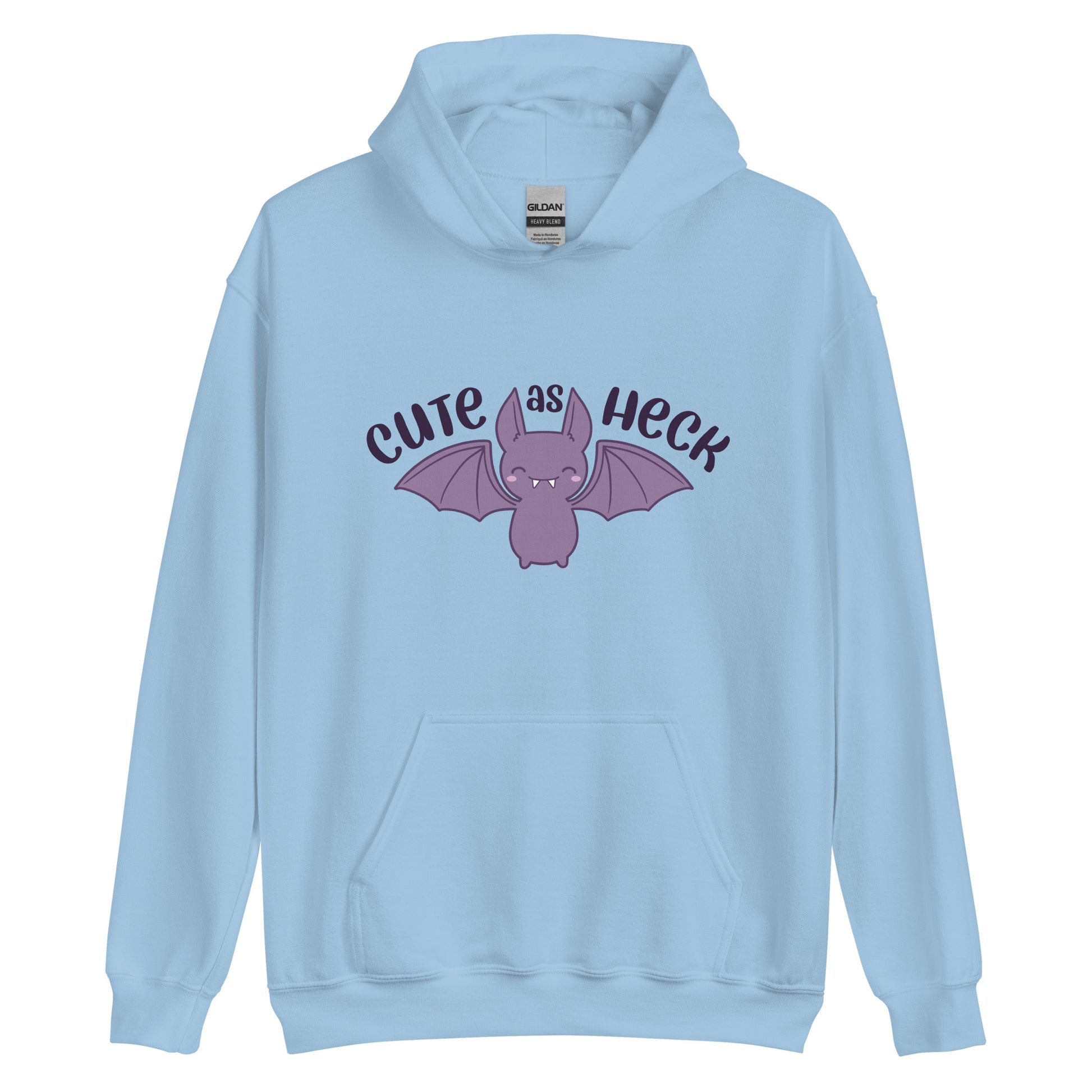 A light blue hooded sweatshirt featuring an illustration of a cute, smiling purple bat. Text above the bat reads "Cute As Heck"