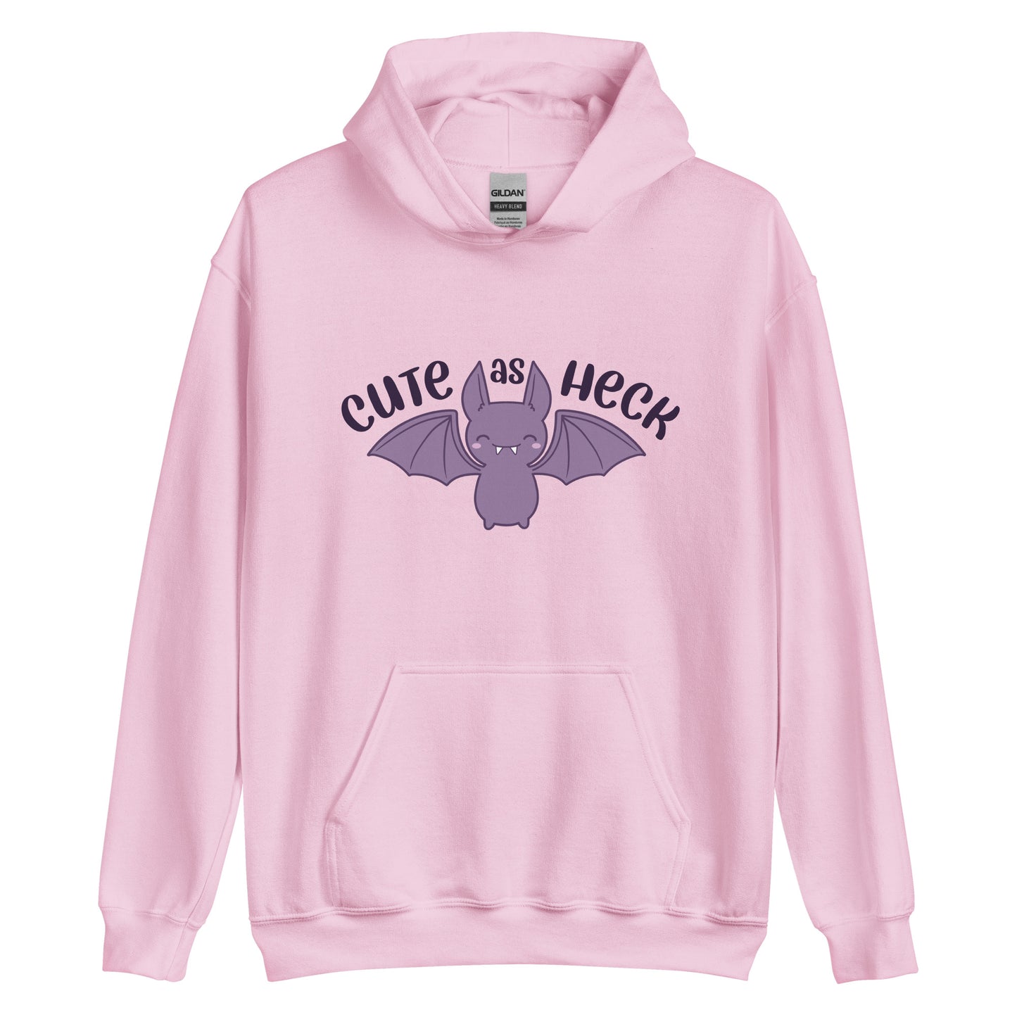 A light pink hooded sweatshirt featuring an illustration of a cute, smiling purple bat. Text above the bat reads "Cute As Heck"
