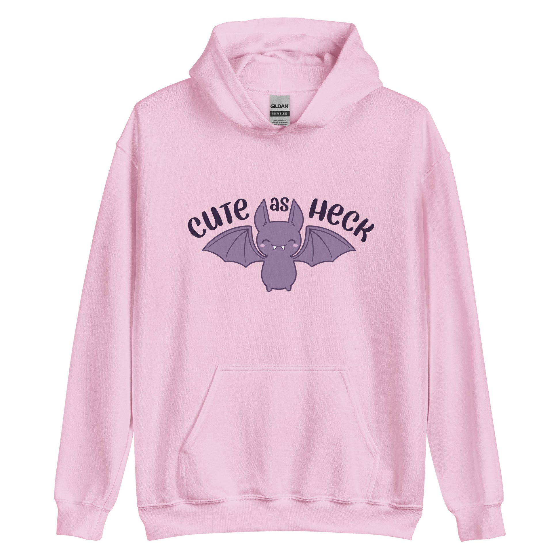 A light pink hooded sweatshirt featuring an illustration of a cute, smiling purple bat. Text above the bat reads "Cute As Heck"