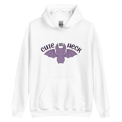 A white hooded sweatshirt featuring an illustration of a cute, smiling purple bat. Text above the bat reads "Cute As Heck"