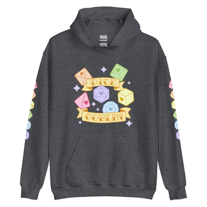 A dark grey hooded sweatshirt featuring six polyhedral dice in pale rainbow colors. Two banners around the dice read "Dice Goblin". The sleeves are also decorated with a column of dice.