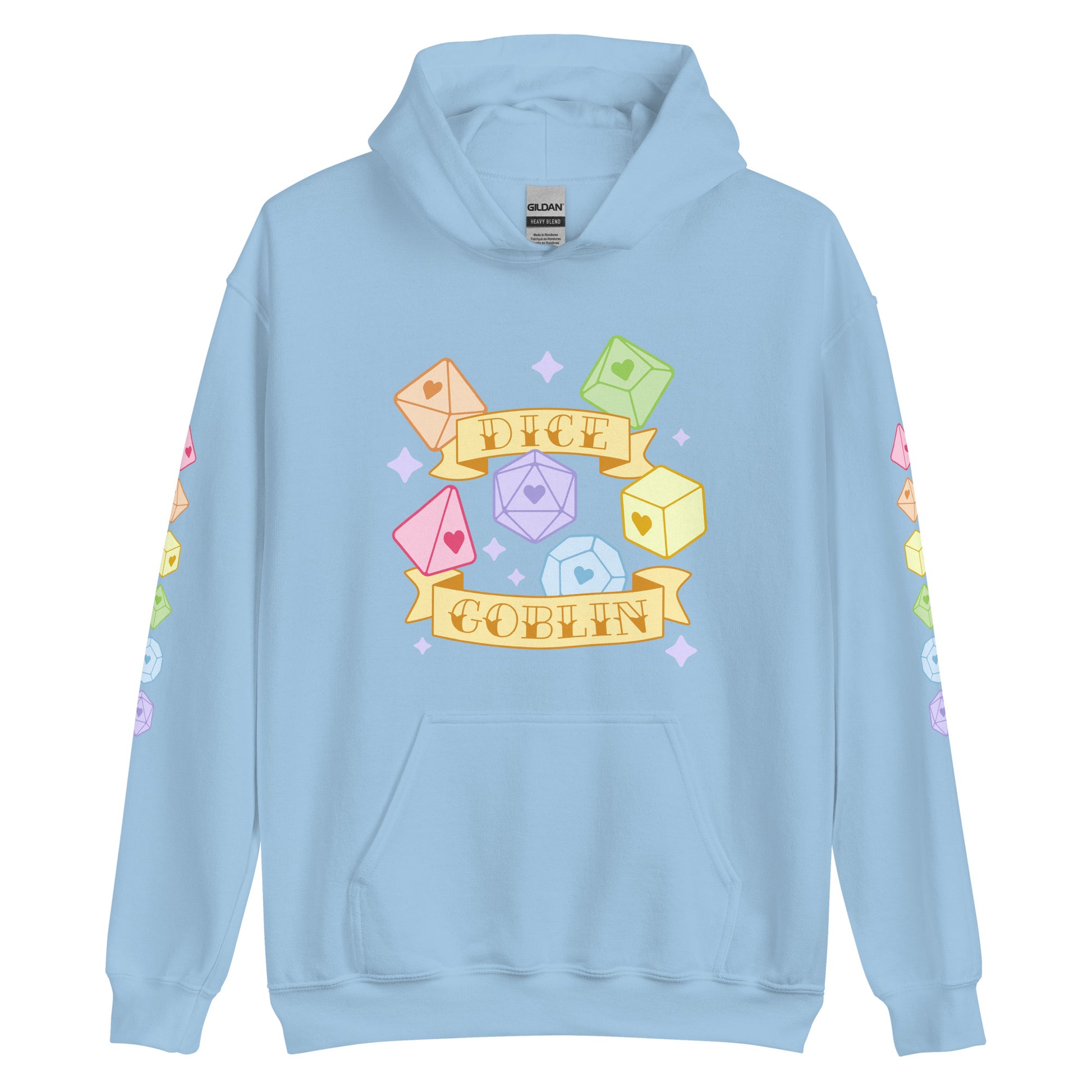 A light blue hooded sweatshirt featuring six polyhedral dice in pale rainbow colors. Two banners around the dice read "Dice Goblin". The sleeves are also decorated with a column of dice.