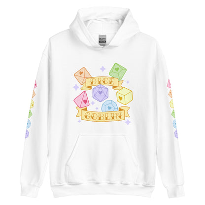 A white hooded sweatshirt featuring six polyhedral dice in pale rainbow colors. Two banners around the dice read "Dice Goblin". The sleeves are also decorated with a column of dice.