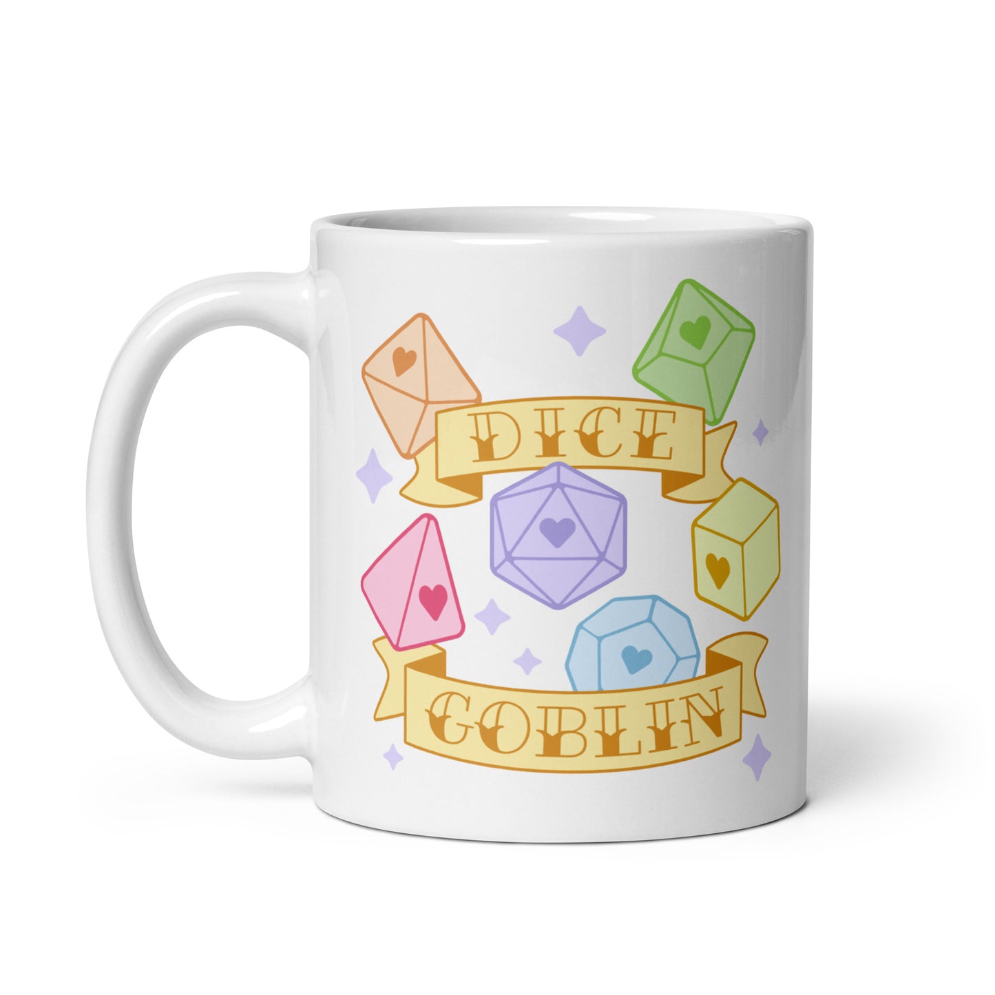 A white 11 ounce ceramic mug featuring an illustration of six polyhedral dice in pastel rainbow colors. Banners surround the dice. Text on the banners reads "Dice Goblin"