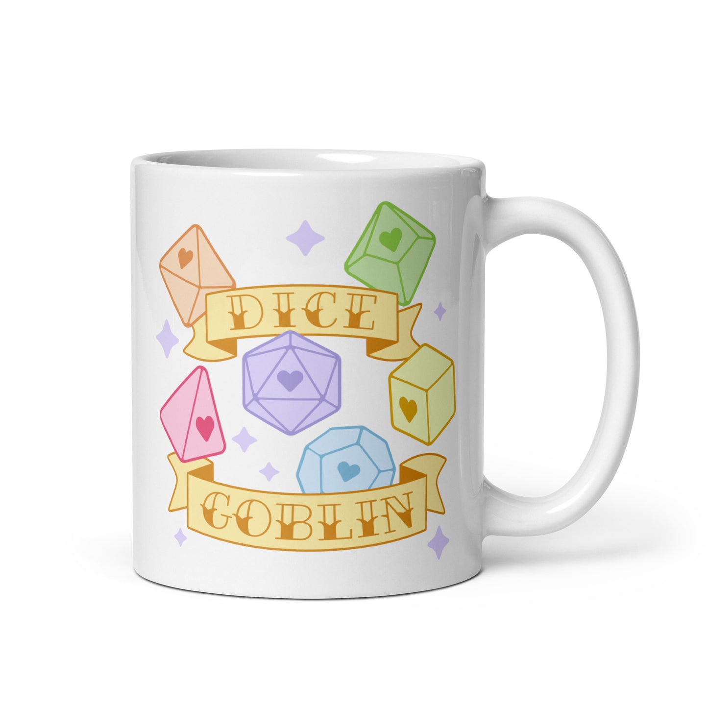 A white 11 ounce ceramic mug featuring an illustration of six polyhedral dice in pastel rainbow colors. Banners surround the dice. Text on the banners reads "Dice Goblin"