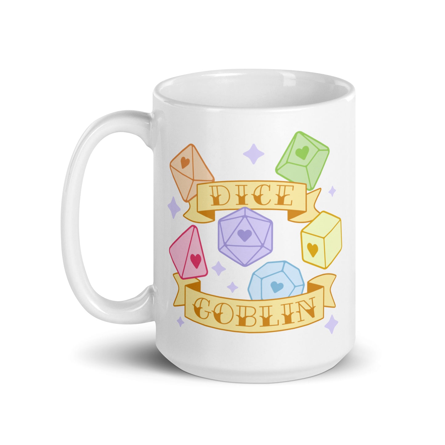 A white 15 ounce ceramic mug featuring an illustration of six polyhedral dice in pastel rainbow colors. Banners surround the dice. Text on the banners reads "Dice Goblin"