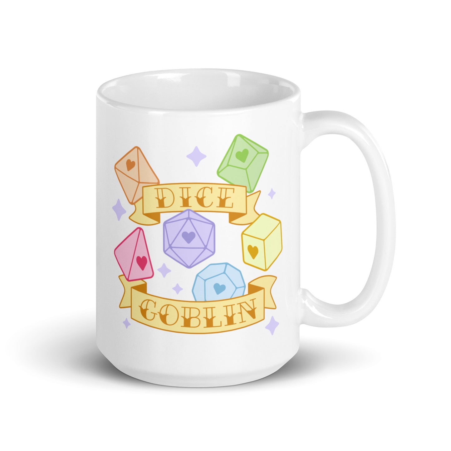 A white 15 ounce ceramic mug featuring an illustration of six polyhedral dice in pastel rainbow colors. Banners surround the dice. Text on the banners reads "Dice Goblin"