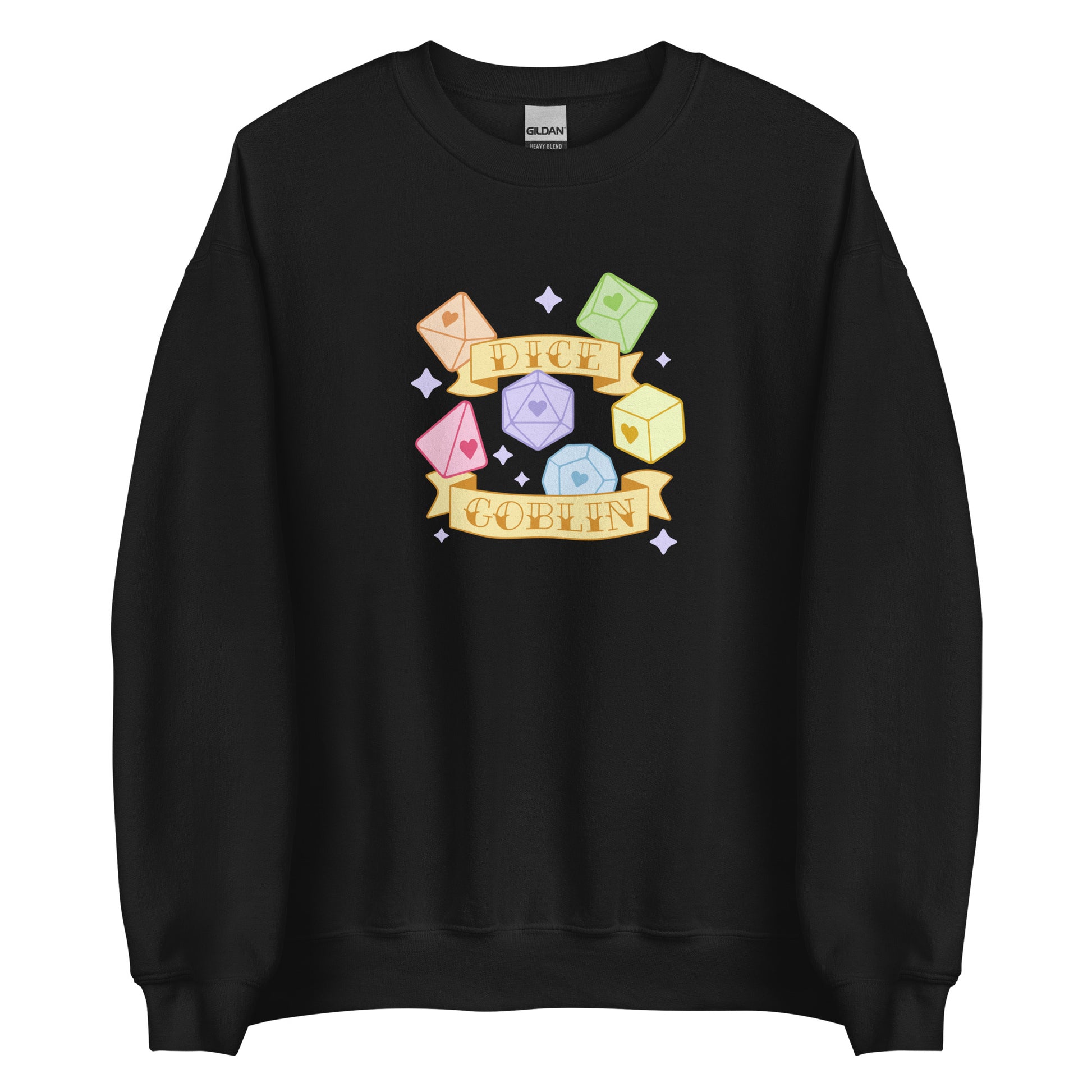 A black crewneck sweatshirt featuring an image of six polyhedral dice in pastel rainbow colors. Two banners surround the dice. Text on the banners reads "Dice Goblin"