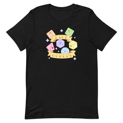 A black t-shirt featuring an image of six polyhedral dice in pastel rainbow colors. Two banners surround the dice. Text on the banners reads "Dice Goblin"