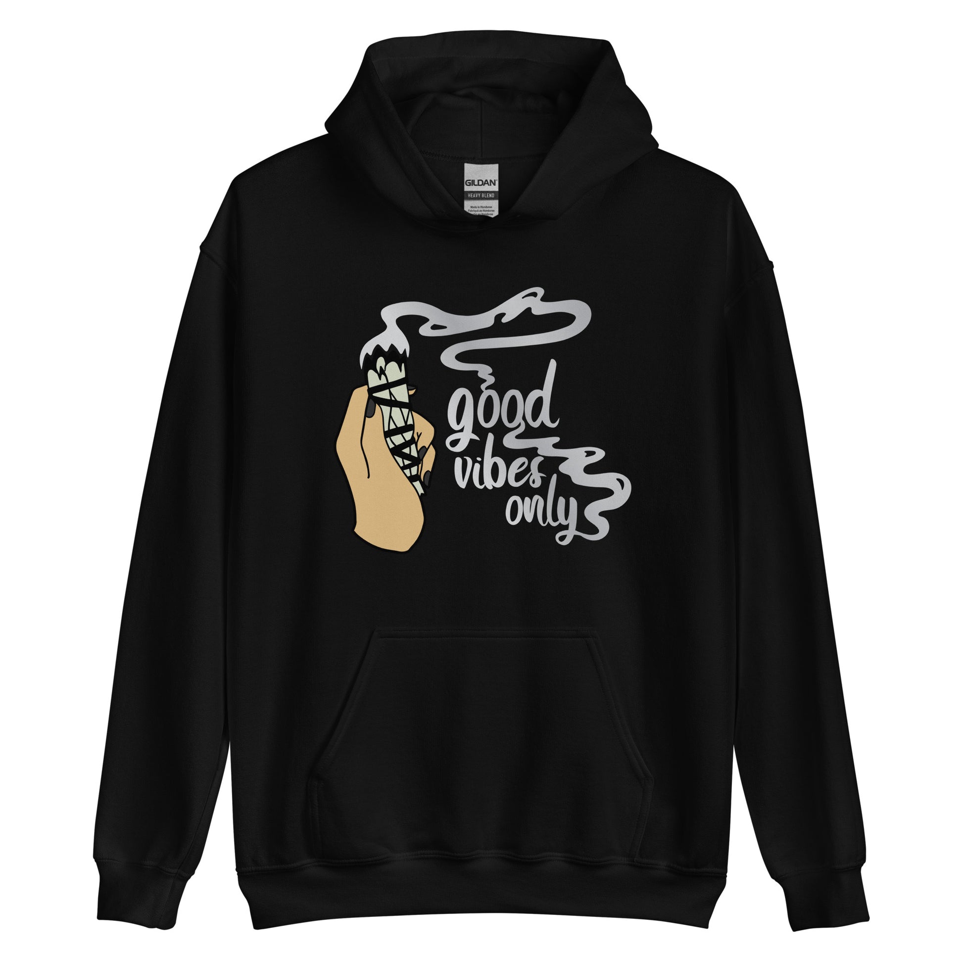 A black hooded sweatshirt with graphic of a hand holding sage smudge stick and text reading "Good Vibes only"