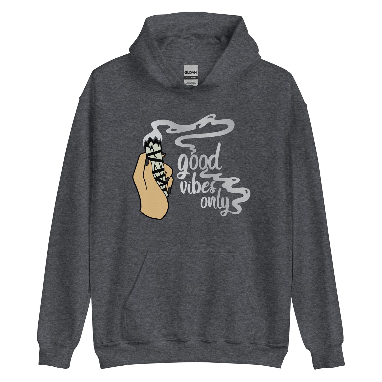 A dark grey hooded sweatshirt with graphic of a hand holding sage smudge stick and text reading "Good Vibes only"